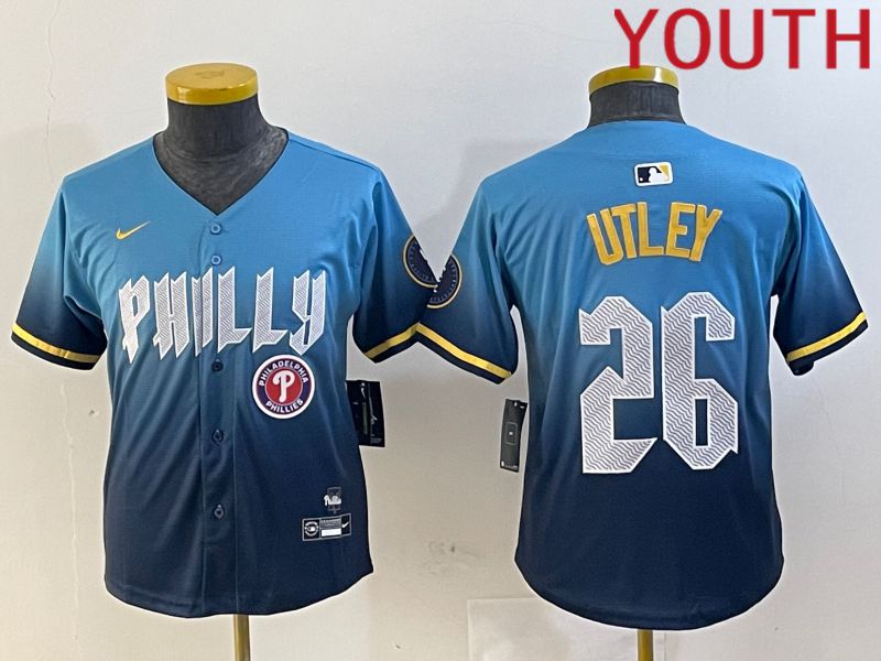 Youth Philadelphia Phillies #26 Utley Blue City Edition 2024 Nike MLB Jersey style 4